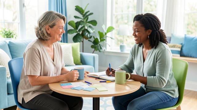 Couple sitting at a table with prompt cards, journals, and mugs for a private exercise