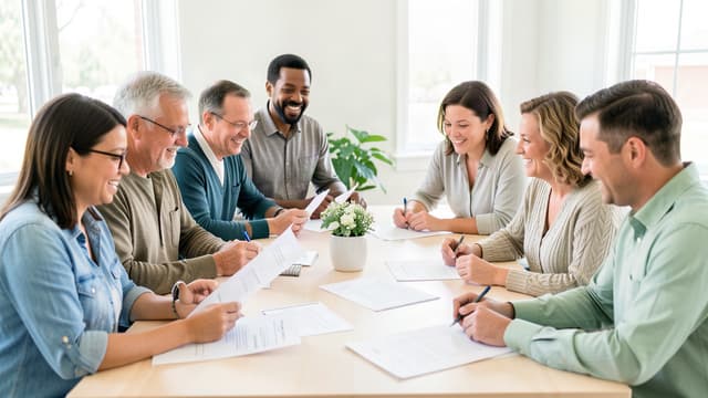 Church leaders reviewing marriage ministry materials around a bright table