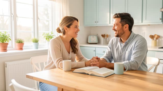 Couple holding hands at home after a meaningful conversation