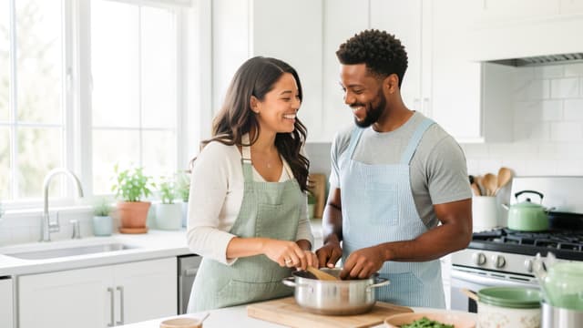 Couple laughing together while cooking in a bright kitchen