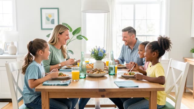 Family sharing a meal together at a bright dining table