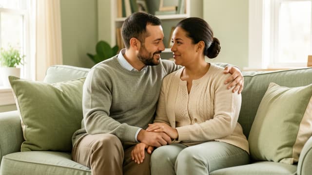 Couple sitting close together with gentle affectionate connection