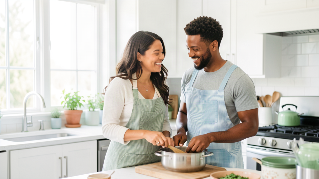 Couple laughing together while cooking in a bright kitchen