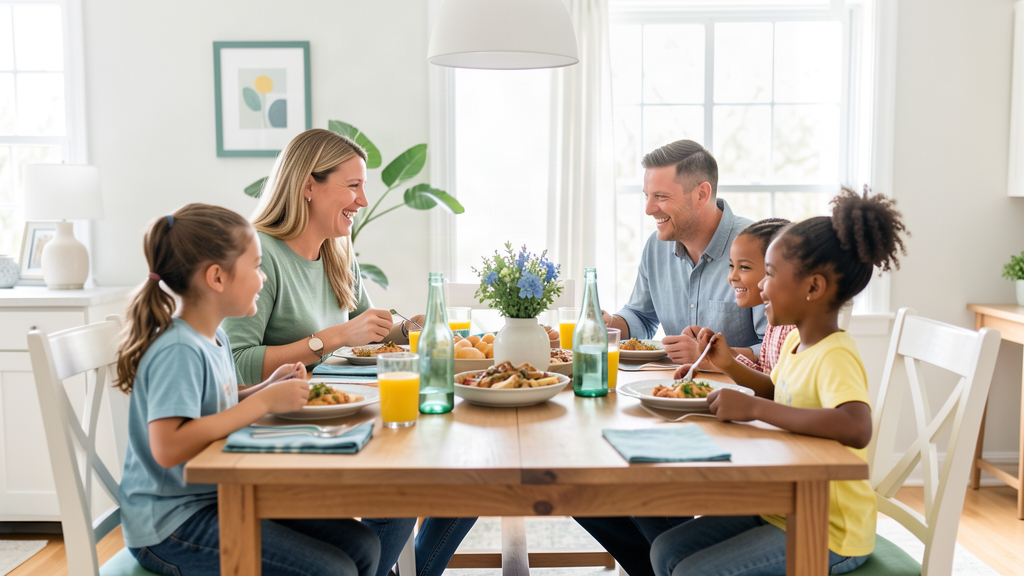 Family sharing a meal together at a bright dining table